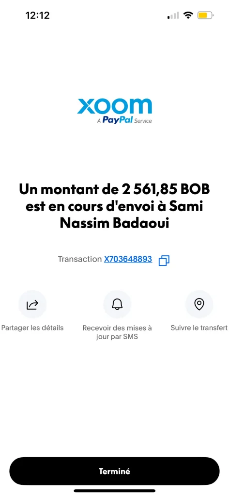 Confirmation transfert Xoom.com